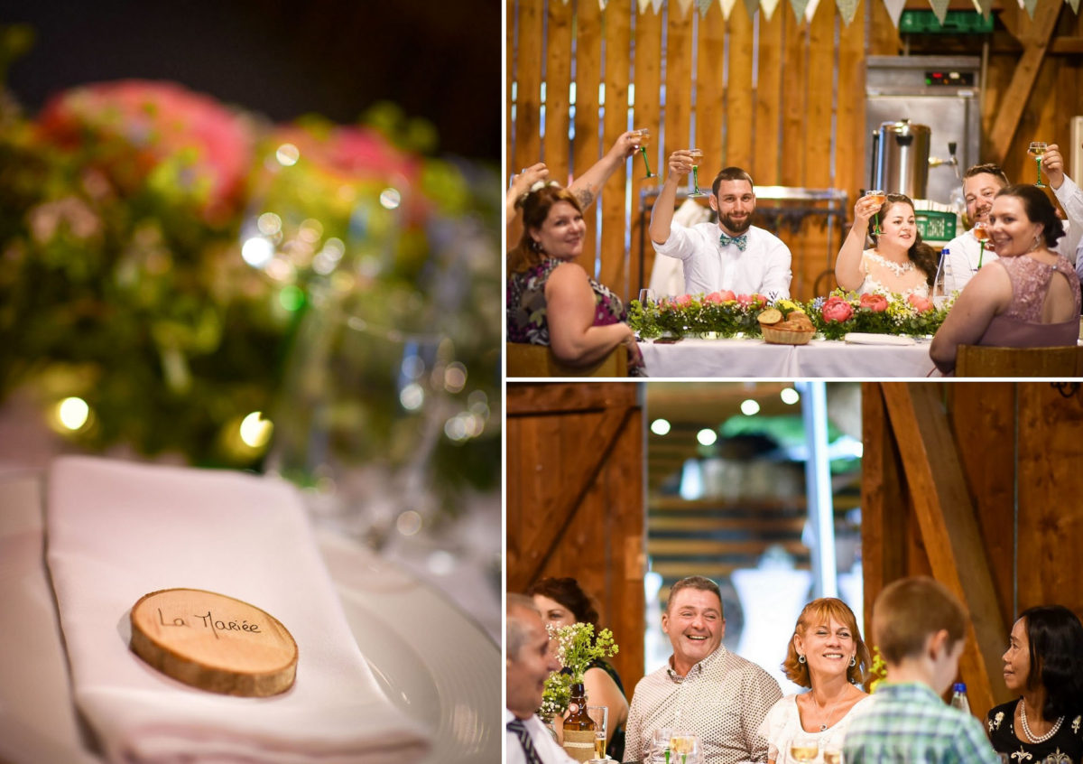 Mariage grange repas invités rires