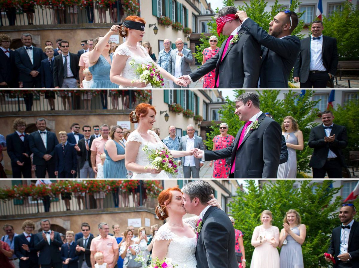 Mariage joyeux vert rose first look - Valentine Poulain