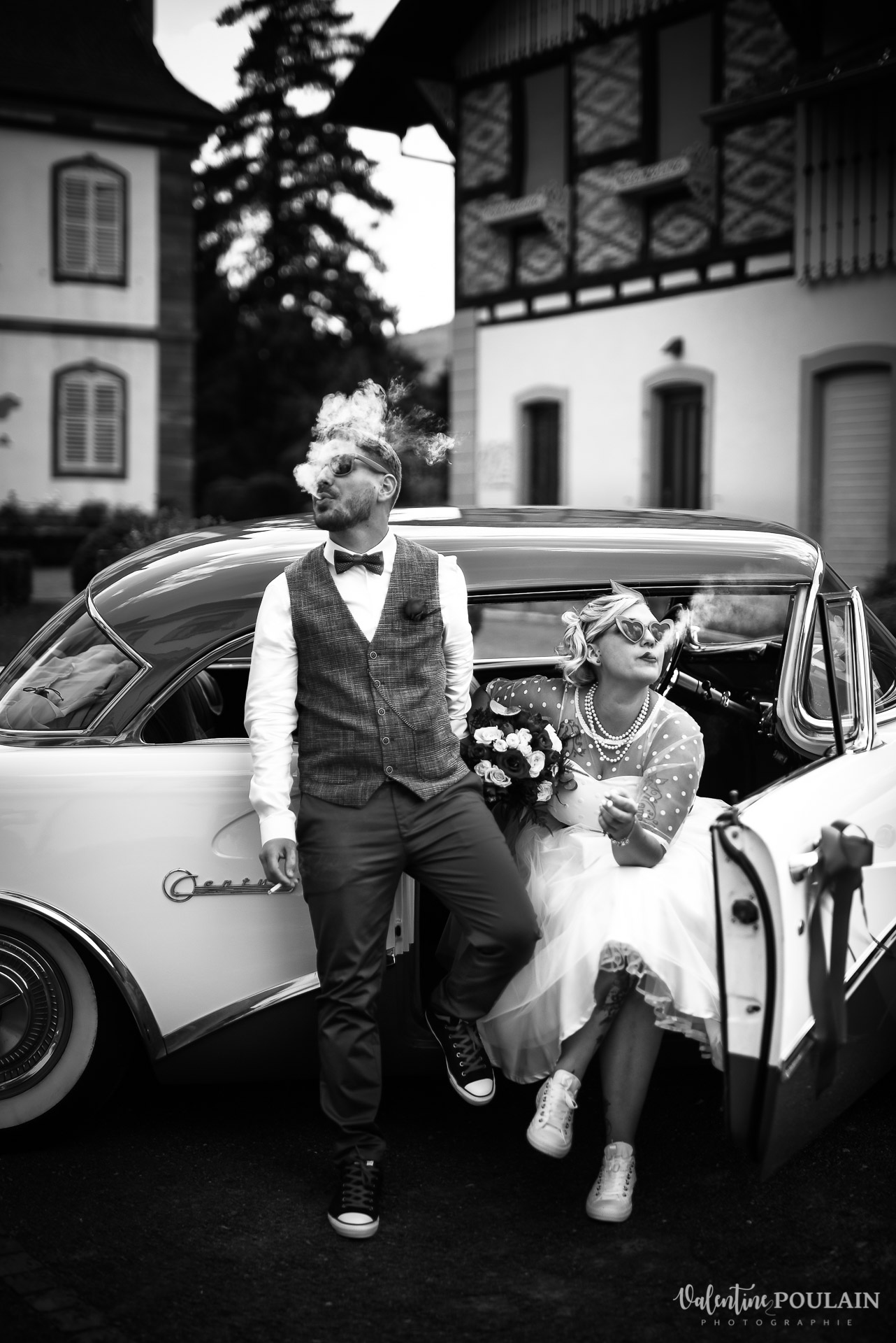 Mariage vintage rockabilly - Valentine Poulain - n&b fumée